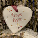 Jamali Annay Happy 70th Birthday Ceramic Heart with Hanging Ribbon at Mystical and Magical Halifax UK