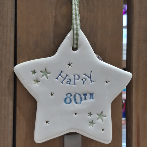 Happy 80th Ceramic Star with Hanging Ribbon by Jamali Annay Designs