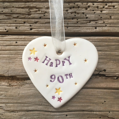 Jamali Annay Happy 90th Birthday Ceramic Heart with Hanging Ribbon
