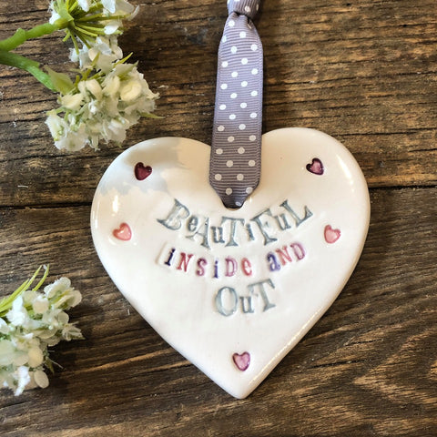 Beautiful Inside and Out Ceramic Heart with Hanging Ribbon from Mystical and Magical