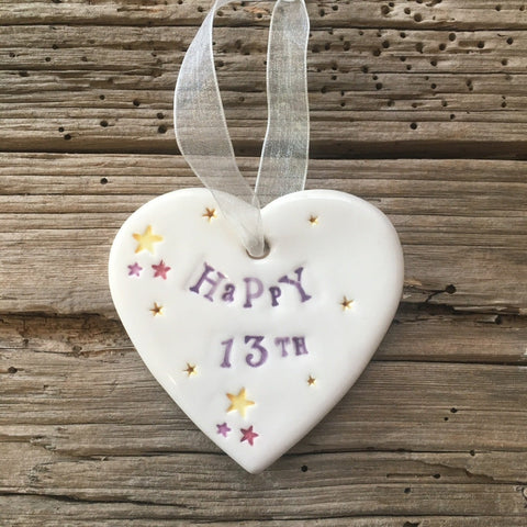 Jamali Annay Design Happy 13th Birthday Ceramic Heart with Hanging Ribbon from Mystical and Magical Halifax