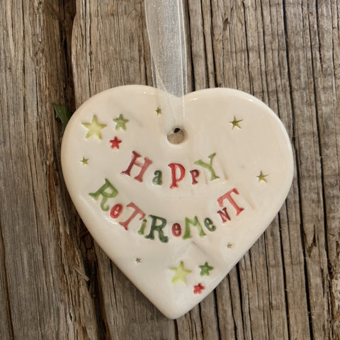 Jamali Annay Designs Happy Retirement Ceramic Heart with Hanging Ribbon at Mystical and Magical