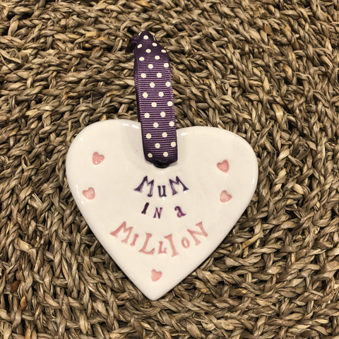 Jamali Annay Designs Mum in a Million Ceramic Heart with Hanging Ribbon at Mystical and Magical