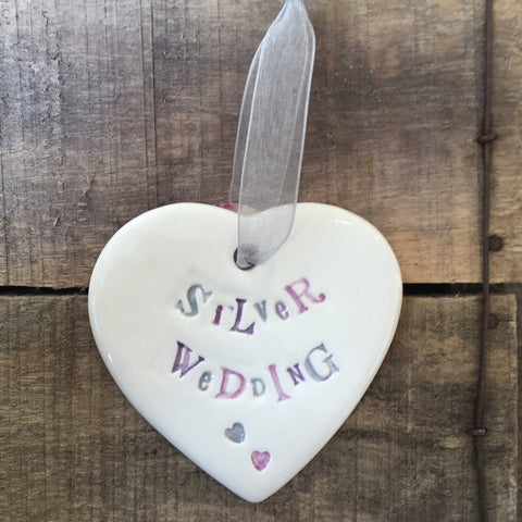 Jamali Annay Silver Wedding Anniversary Ceramic Heart with Hanging Ribbon from Mystical and Magical Halifax