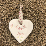 Lovely Mum Ceramic Hanging Heart on Ribbon Hand Made in Yorkshire Jamali Annay