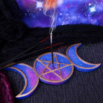 on display Triple Moon Blue and Gold Incense Stick Holder Burner at Mystical and Magical Halifax UK