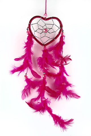 Pink Heart Dreamcatcher with Beads and Feathers