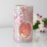 Pink Pillar Iridescent Crackle Oil Burner Wax Melter at Mystical and Magical Halifax UK with lit tealight