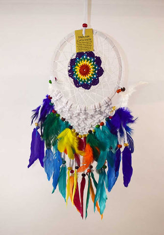 Rainbow Dreamcatcher with feathers and beads at Mystical and Magical