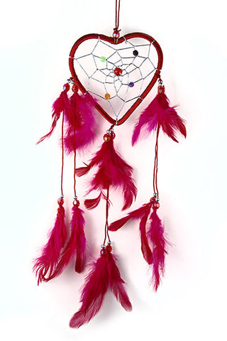 Red Heart Dreamcatcher with Beads and Feathers