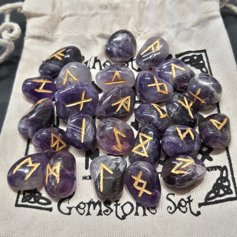 Hand Engraved Amethyst Gemstone Runes Set with Pouch
