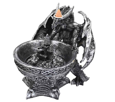 Dragon and Castle Celtic Silver Cauldron Light Up Backflow Incense Holder