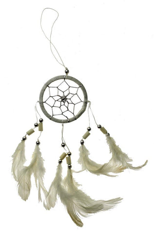 White Dreamcatcher with Bone Beads and Feathers