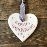 Jamali Annay Designs Special Grandparents Ceramic Heart with Hanging Ribbon at Mystical and Magical Halifax UK