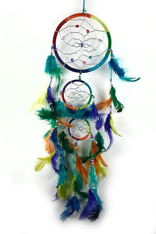 Triple Rainbow Dreamcatcher with coloured Feathers