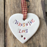 Yorkshire Lass Ceramic Heart with Hanging Ribbon by Jamali Annay
