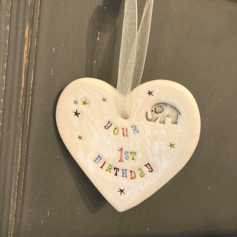 Your First Birthday Ceramic Heart with Hanging Ribbon from Mystical and Magical Halifax